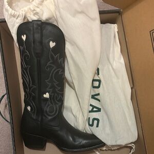 Tecovas Black Leather Western Boots with Cream Heart Inlays